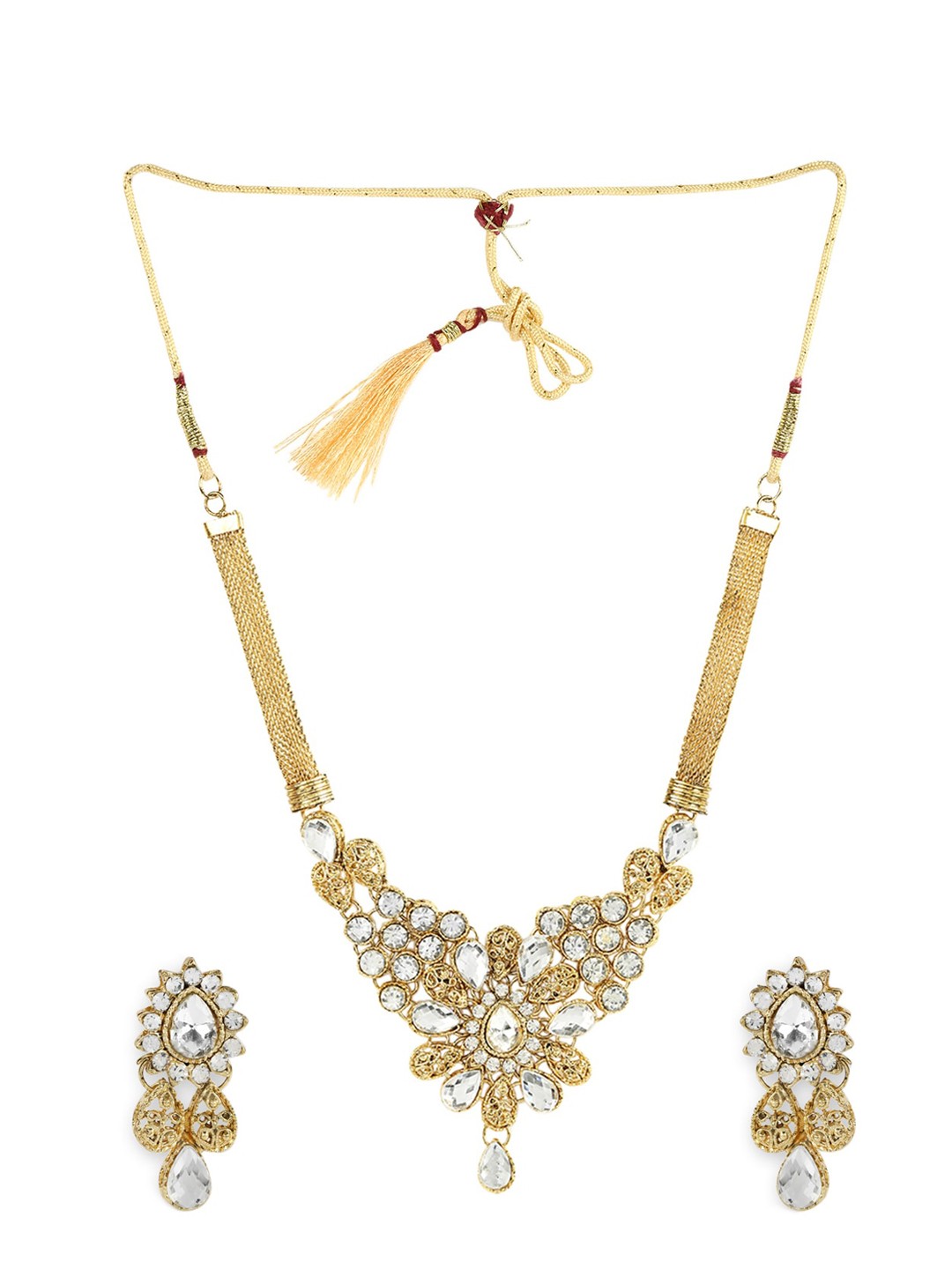 

ANIKAS CREATION Gold-Plated Brown & White Stone-Studded Floral-Shaped Flat Chain Jewellery Set