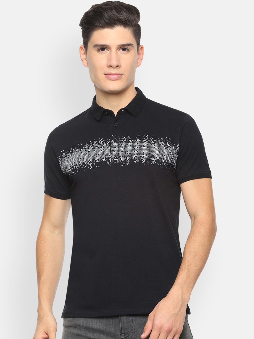 

V Dot Men Black Printed Mandarin Collar Pure Cotton T-shirt