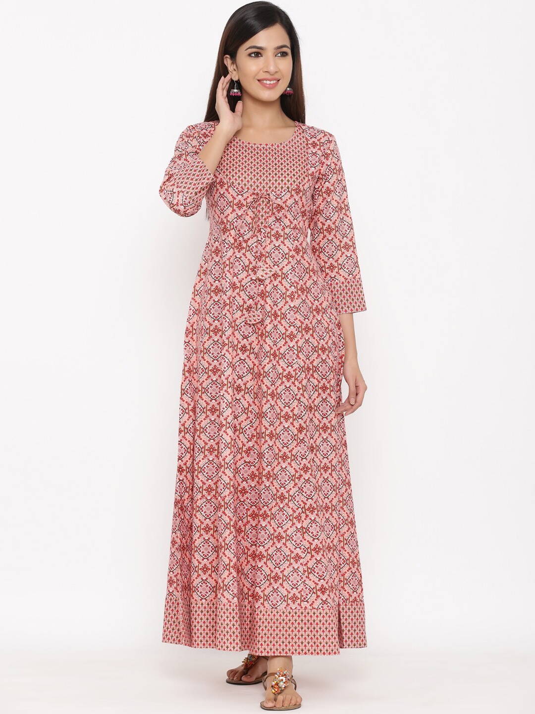 

kipek Women Pink & Red Printed Maxi Dress