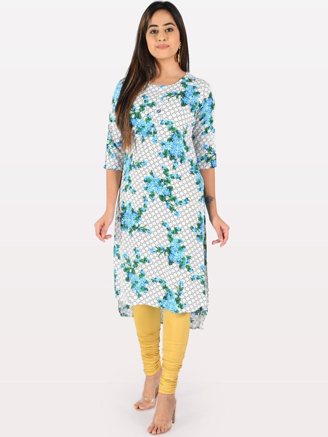 

Neerus Women White & Turquoise Blue Floral Printed Straight Kurta