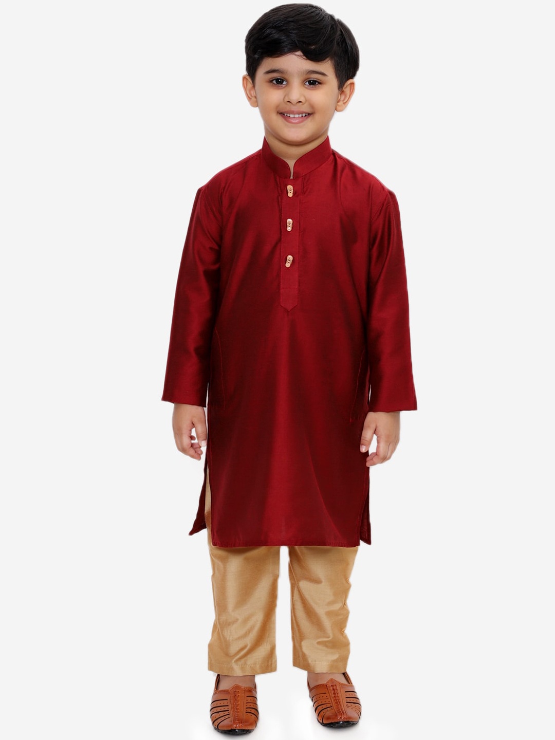 

YK Boys Red & Gold Solid Kurta with Pyjamas