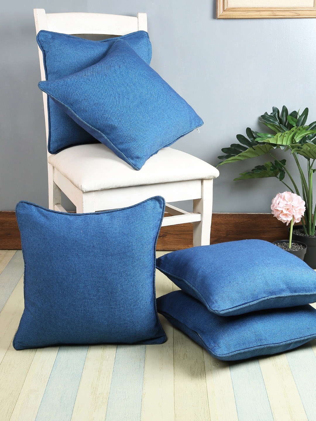 Soumya Blue Set of 5 Solid Square Cushion Covers