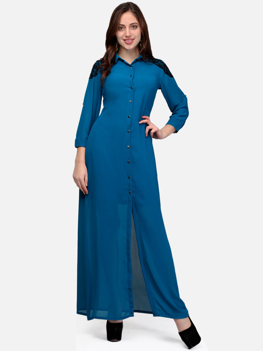

V&M Women Teal Blue Solid Maxi Dress