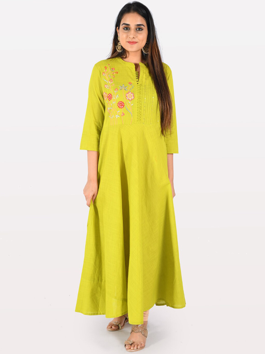 

Neerus Women Green & Pink Embroidered A-Line Kurta