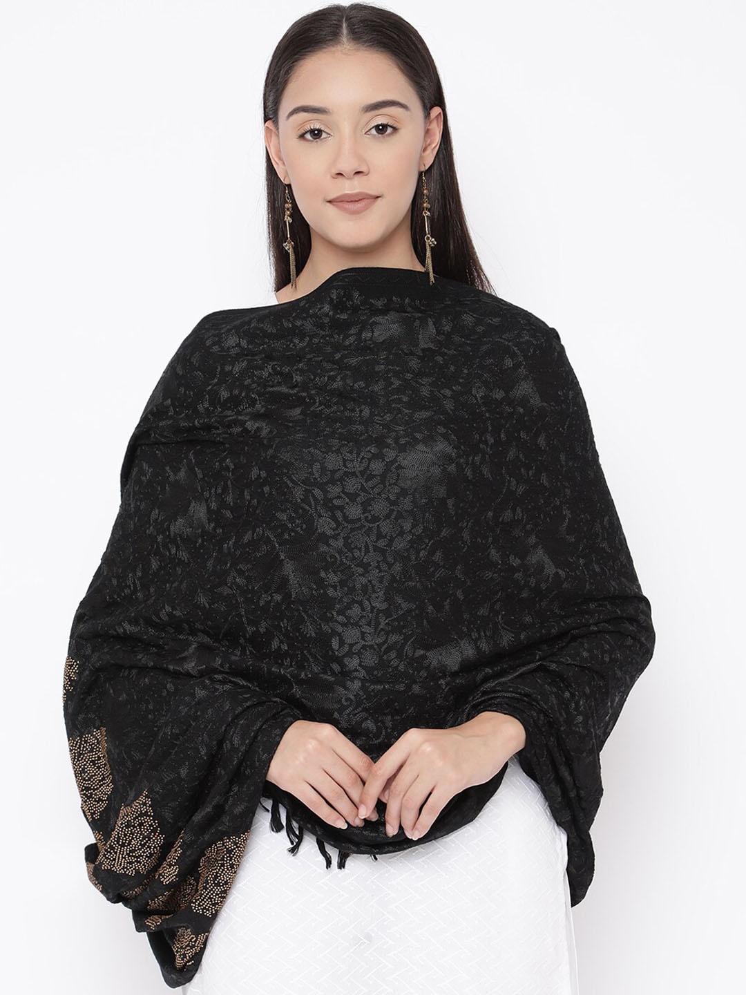 

Pashmoda Women Black Swarovski Crystal & Aari Embroidered Pure Wool Shawl