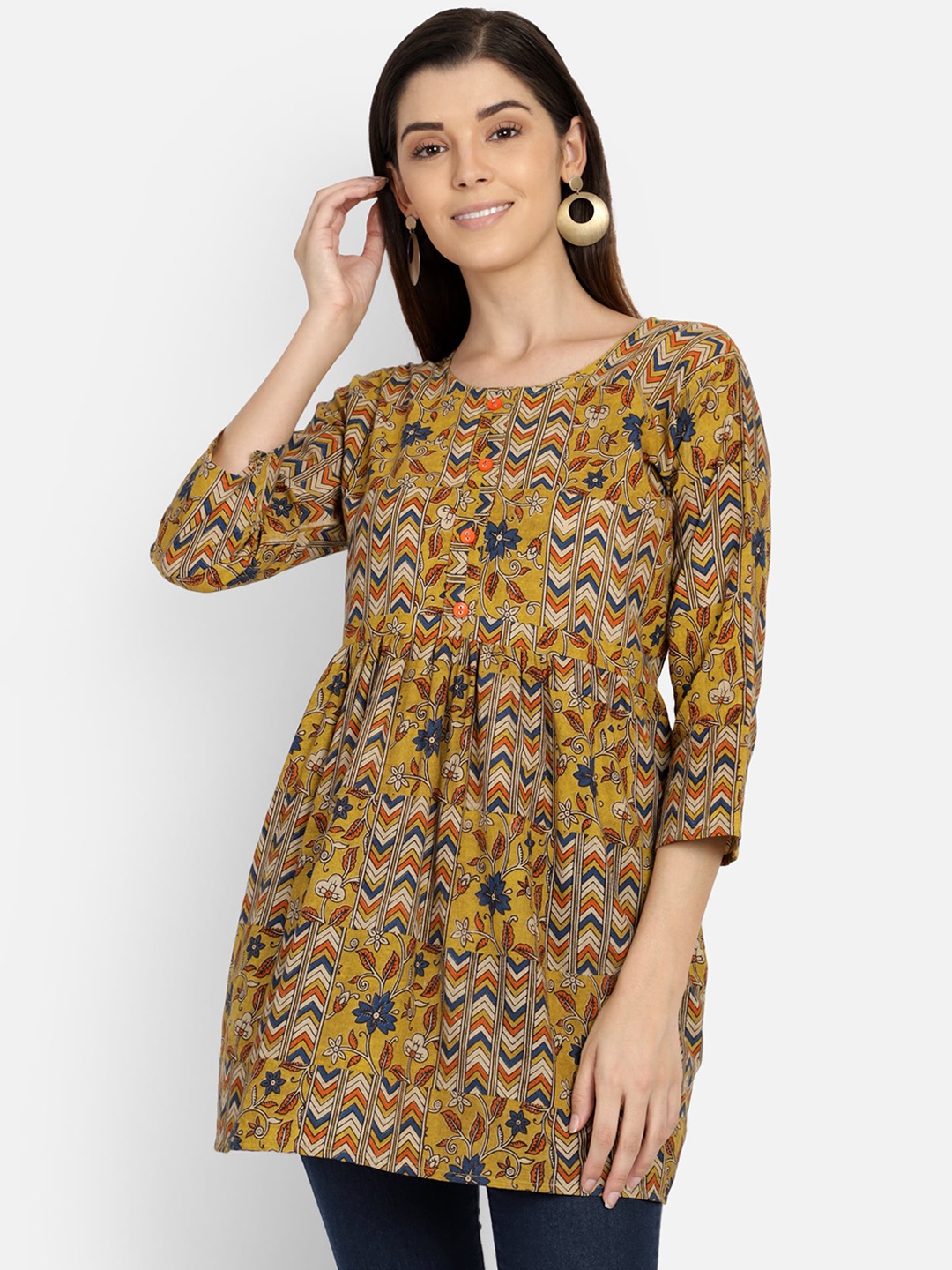 

SAHORA Women Mustard Yellow Kalamkari Printed Peplum Pure Cotton Top