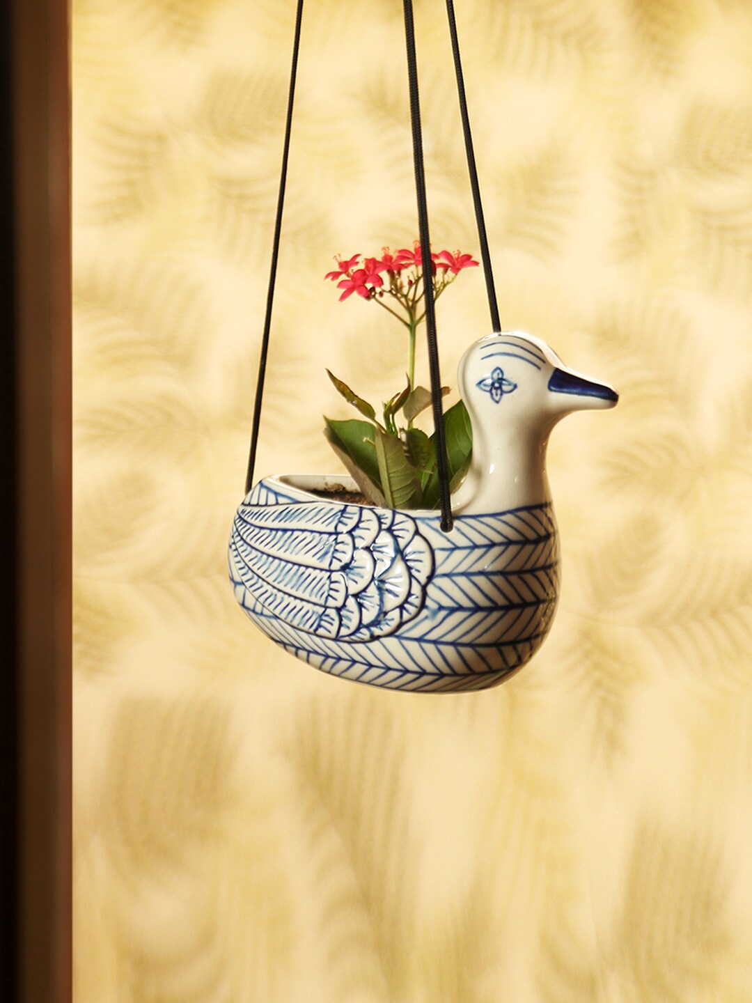

ExclusiveLane Indigo Chevron Duck Hand-Painted Figurine Hanging Planters Pots, White