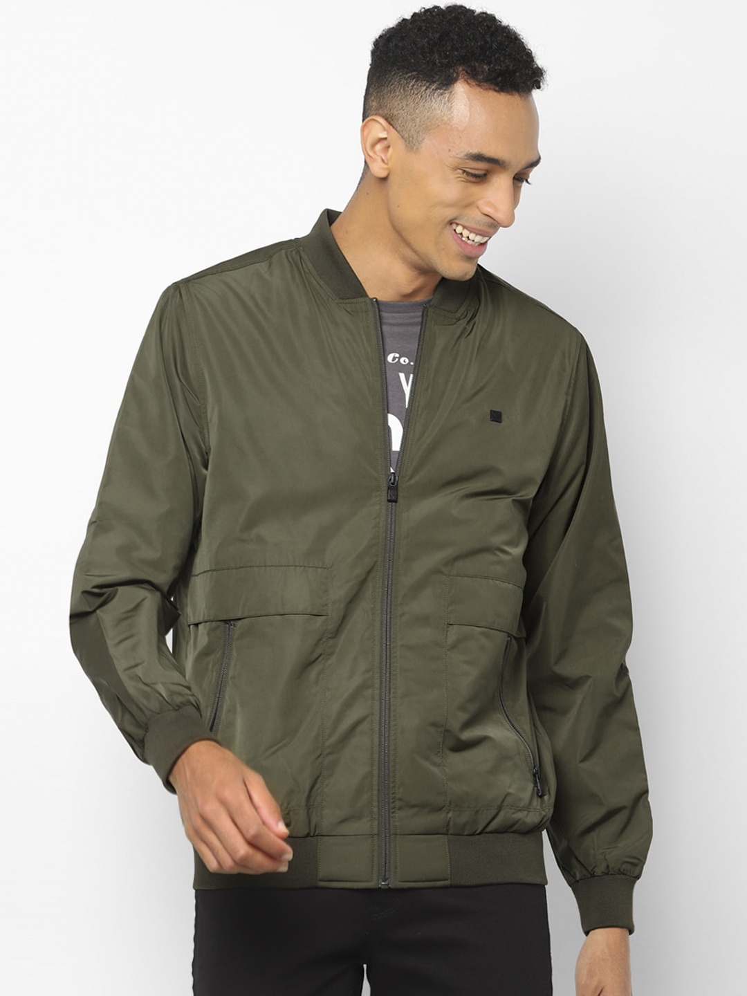 

Allen Solly Men Olive Green Solid Bomber Jacket