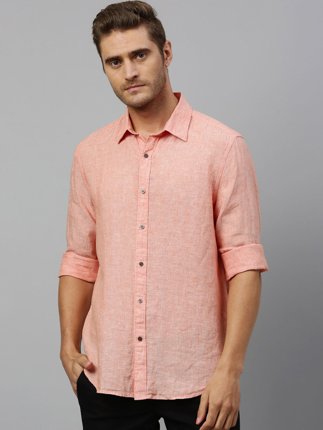 

RARE RABBIT Men Coral Pink Regular Fit Self Design Casual Linen Shirt
