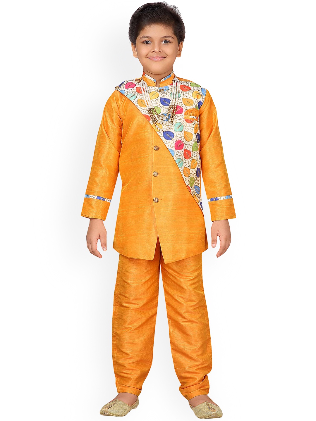 

ahhaaaa Boys Mustard Yellow & Off-White Embroidered Sherwani Set