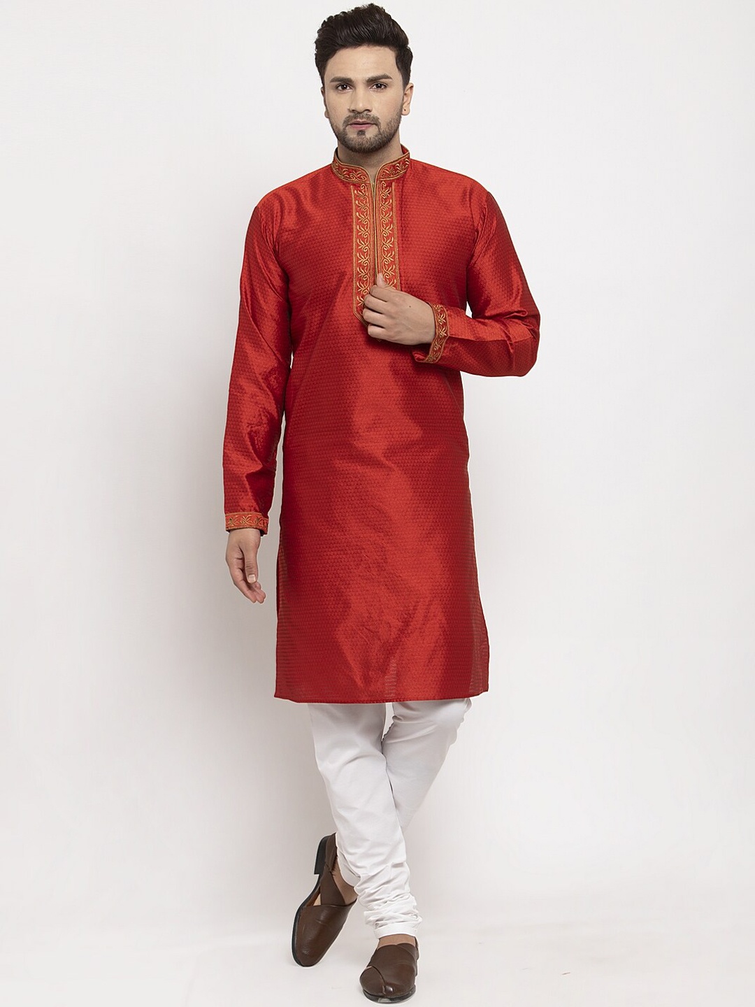 

Benstoke Men Red & White Self Design Kurta with Pyjamas