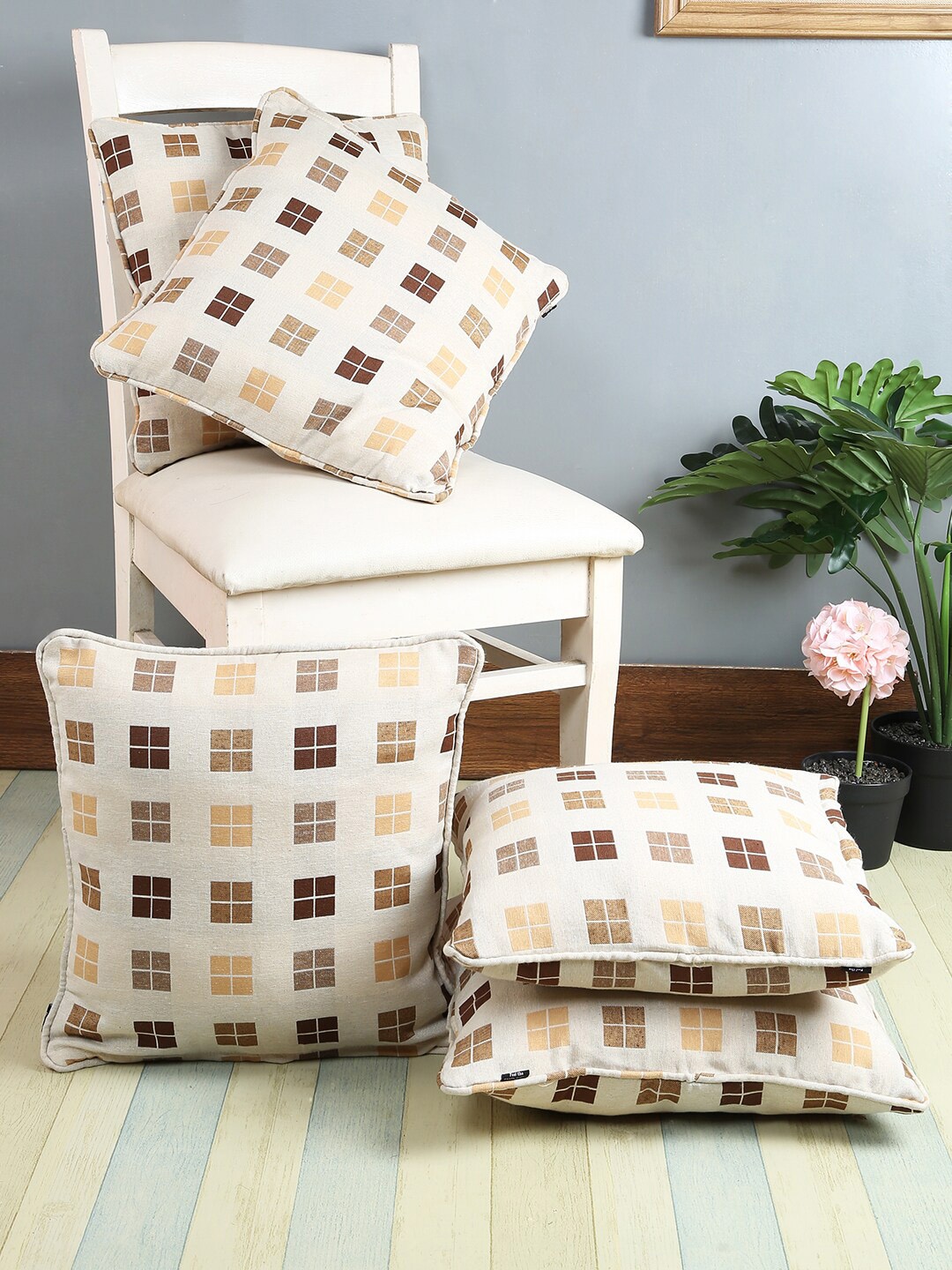 

Soumya White & Brown Set of 5 Geometric Square Cushion Covers