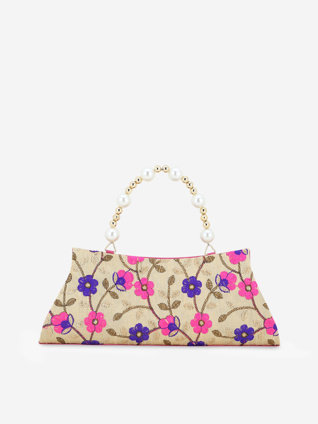 

Element Cart Beige & Pink Floral Embroidered Embellished Purse Clutch
