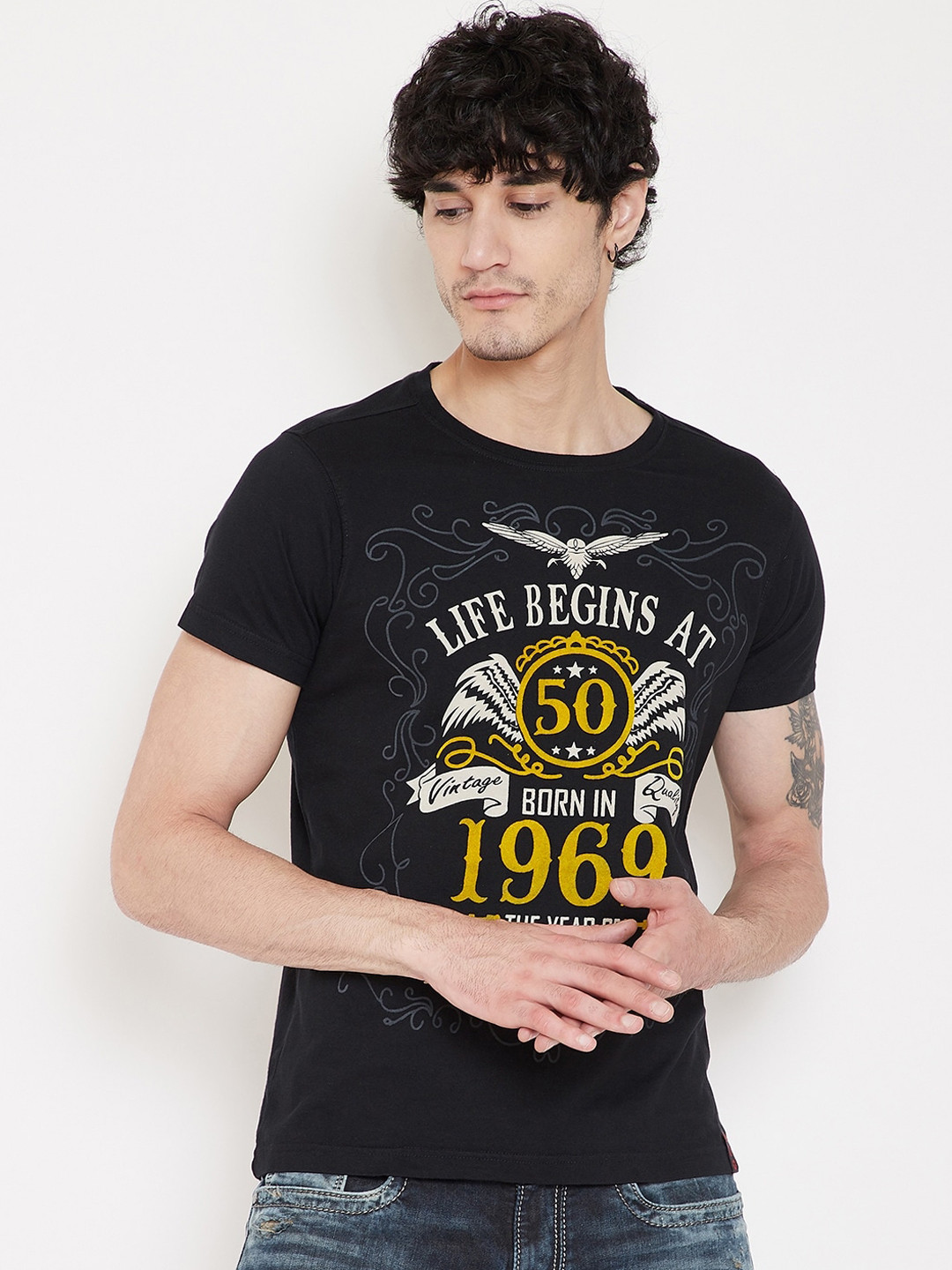 

PUNK Men Black Printed Round Neck T-shirt