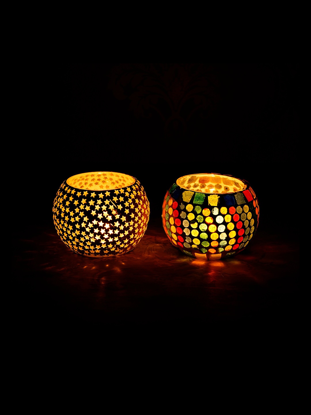 

eCraftIndia Pack Of 2 Mosiac Glass Decorative Candle Light Holders, Multi