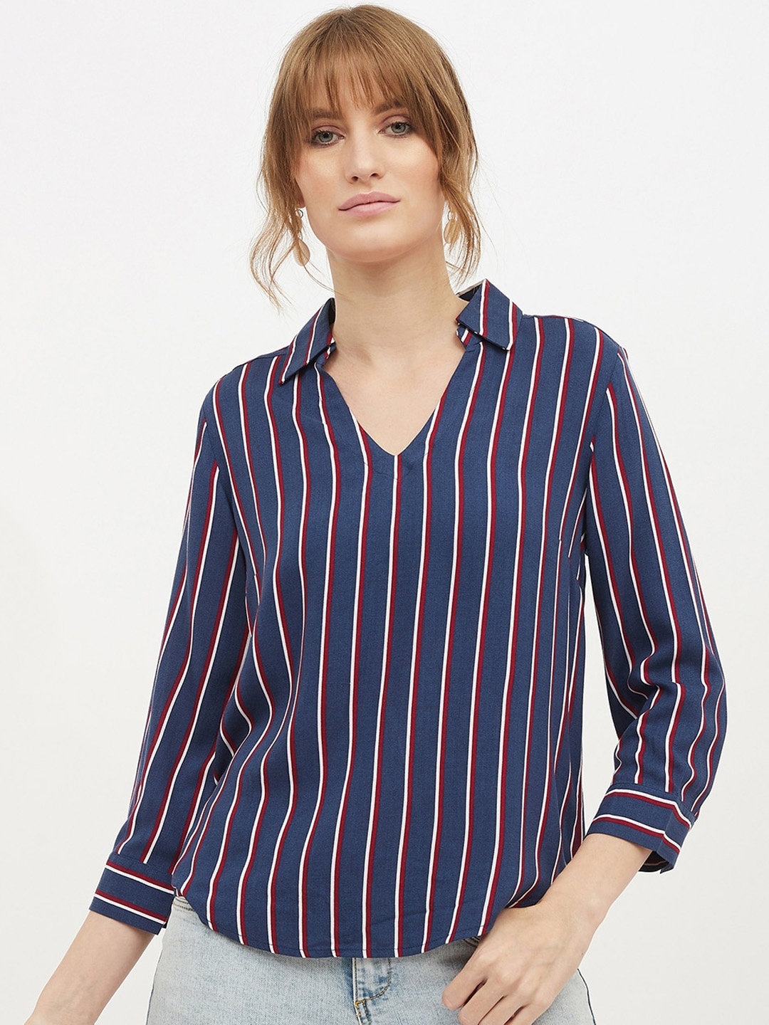 

Harpa Women Navy Blue Striped Shirt Style Top