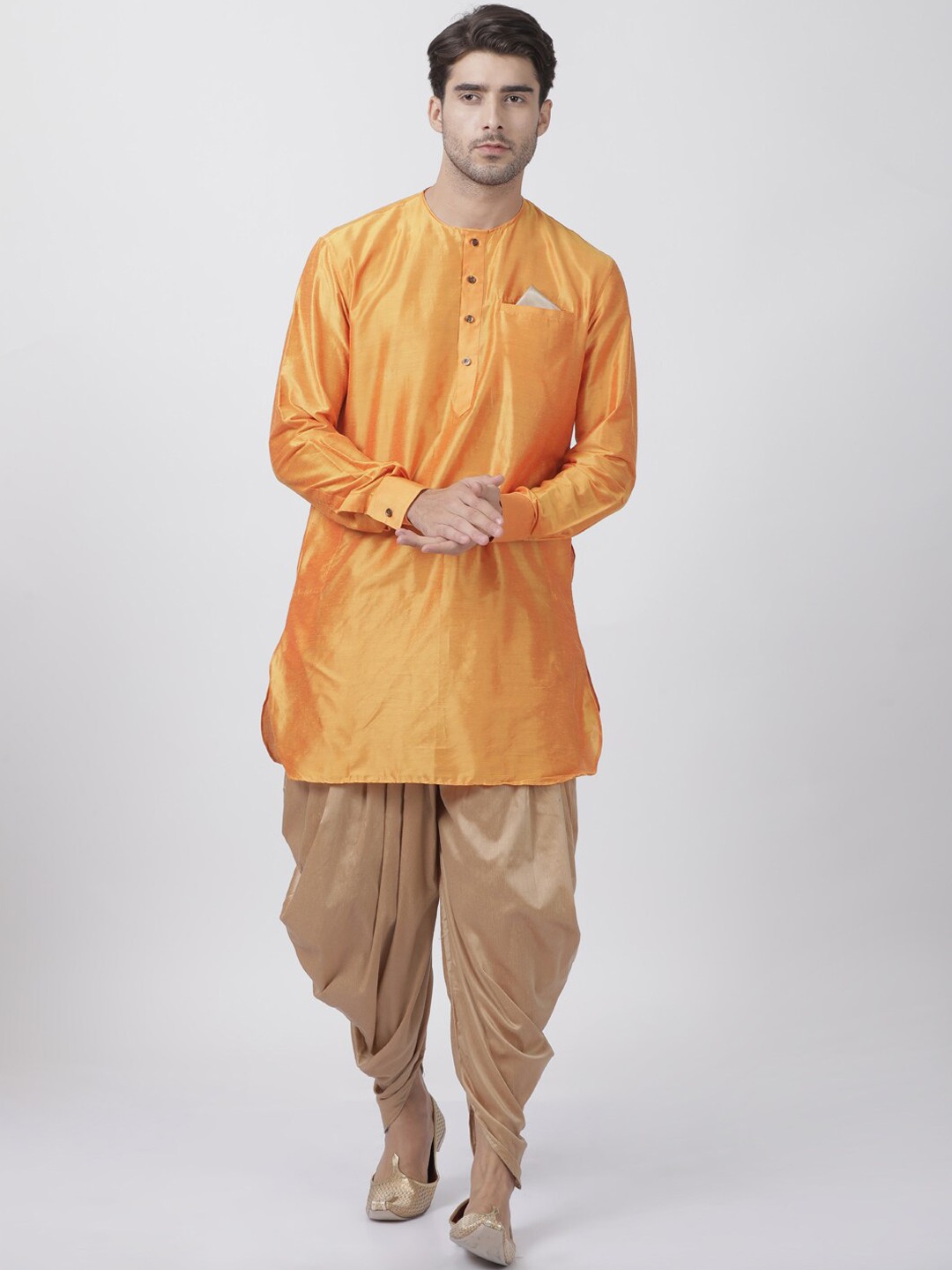 

VASTRAMAY Men Orange & Rose Gold Solid Kurta with Dhoti Pants