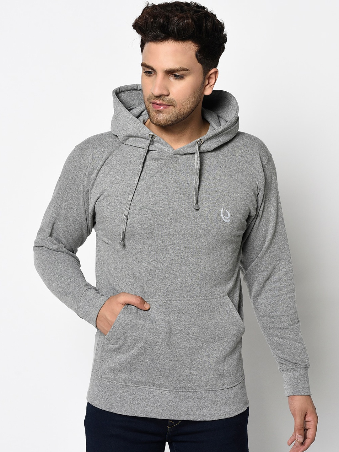 

ELEGANCE Men Grey Solid Hooded Sweatshirt