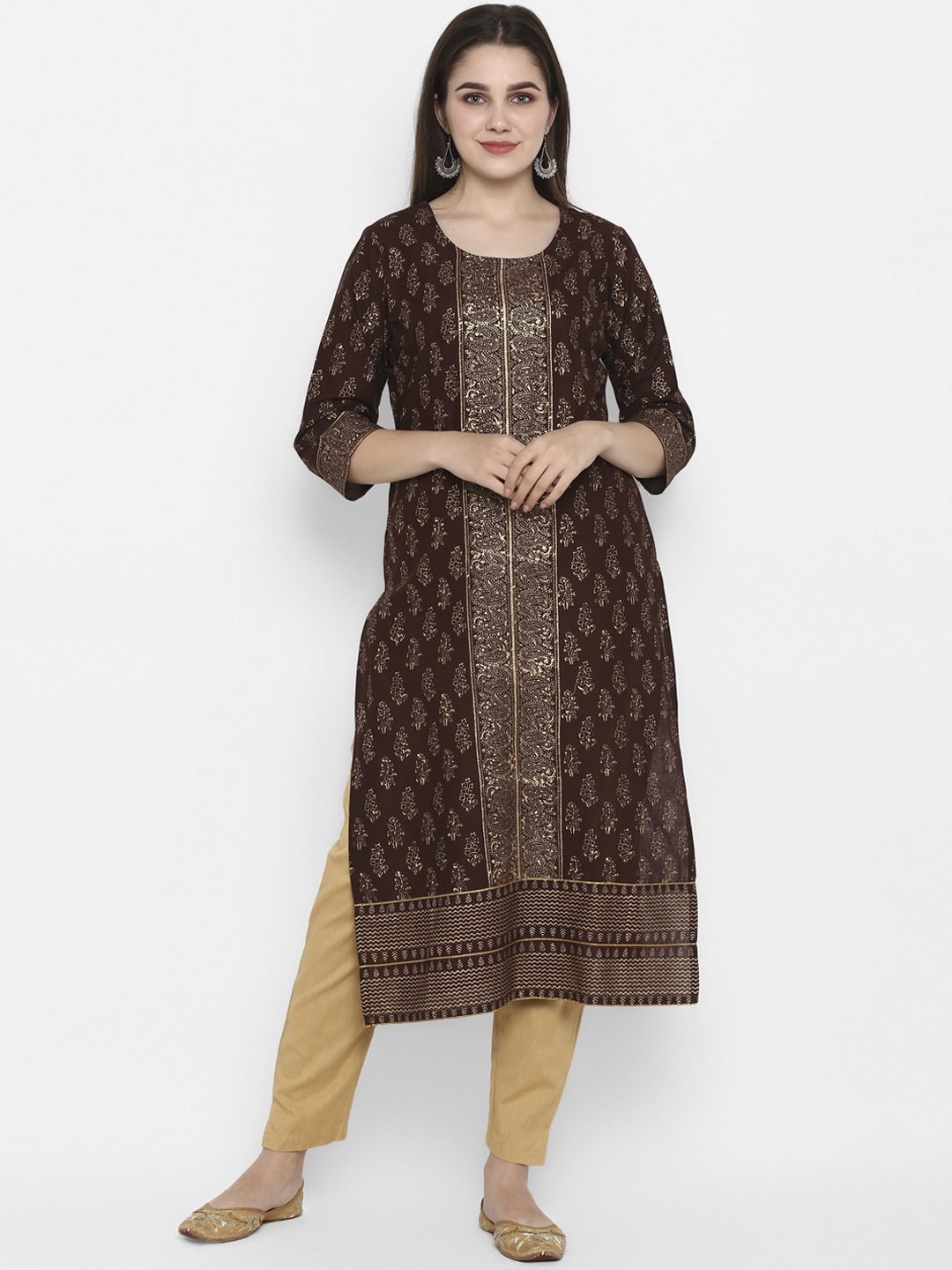 

ZOEYAMS Women Brown & Beige Woven Design Straight Kurta