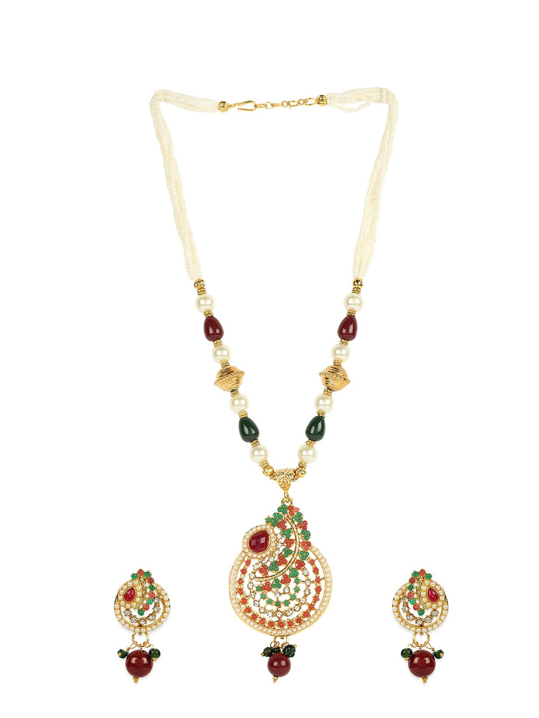 

ANIKAS CREATION Gold-Plated Off-White & Red Stone-Studded Beaded Pearl Handcrafted Jewellery Set