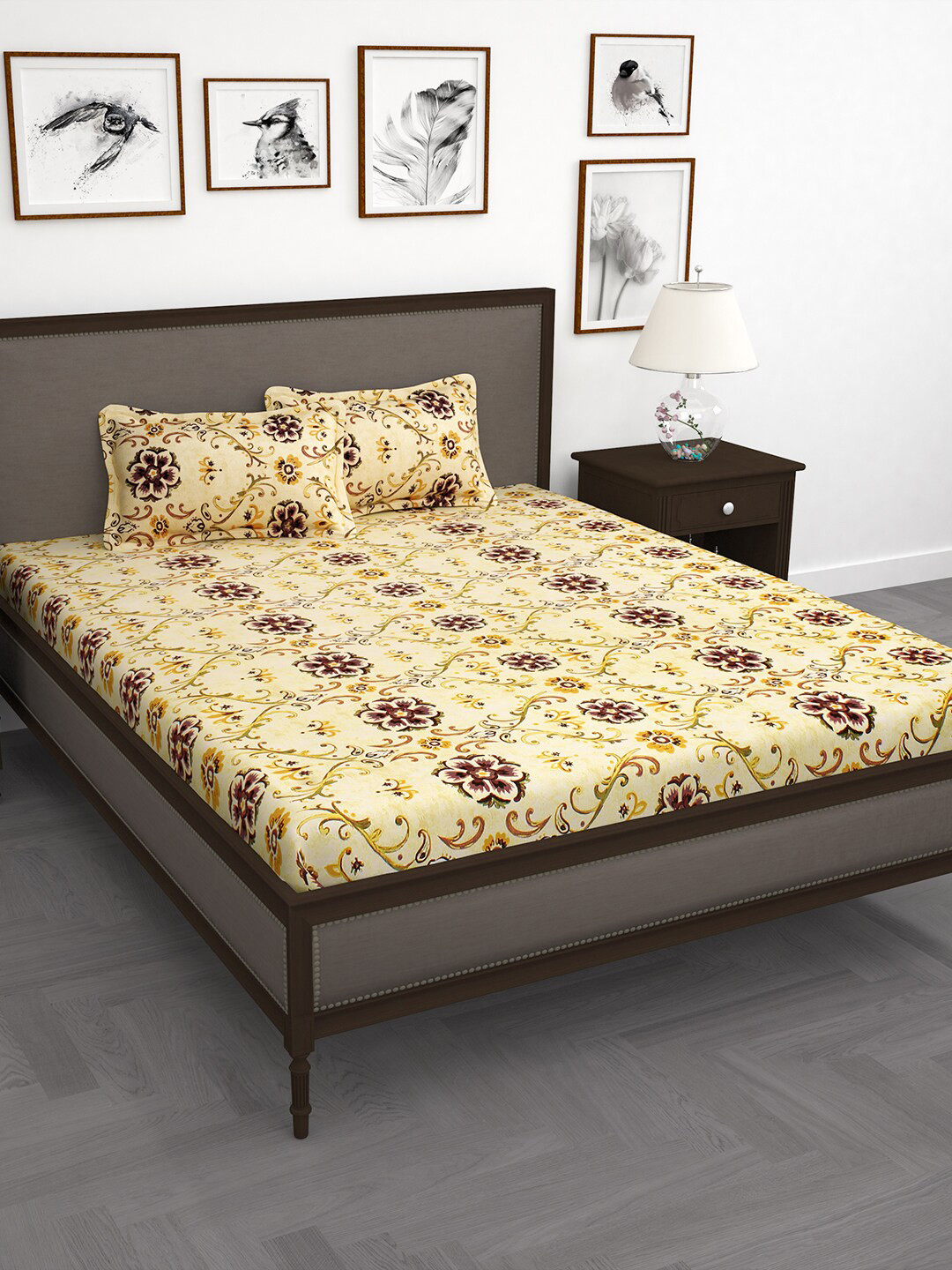 

Story@home Yellow Floral 210 TC Cotton 1 King Bedsheet with 2 Pillow Covers