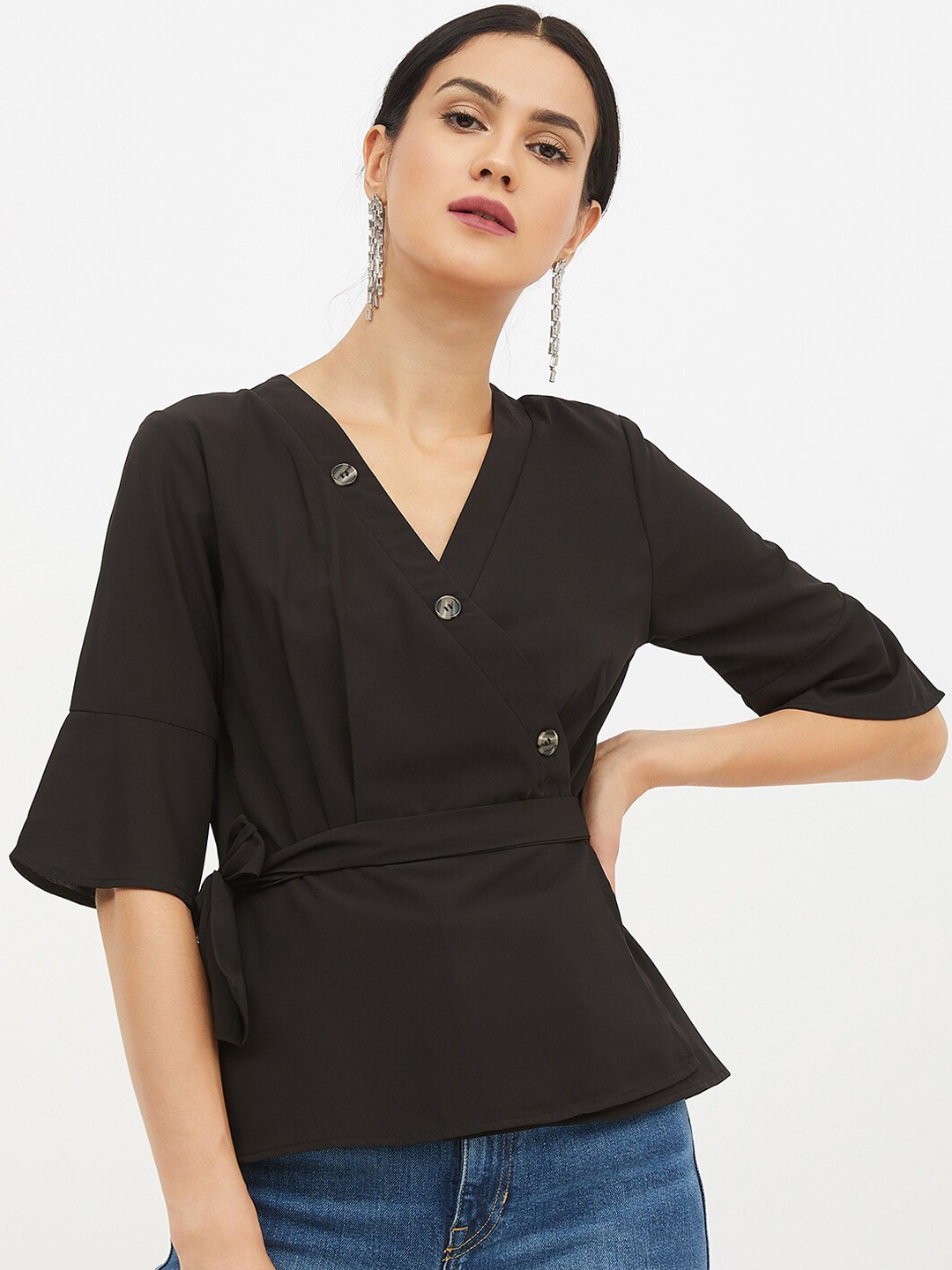 

Harpa Women Black Solid Wrap Top