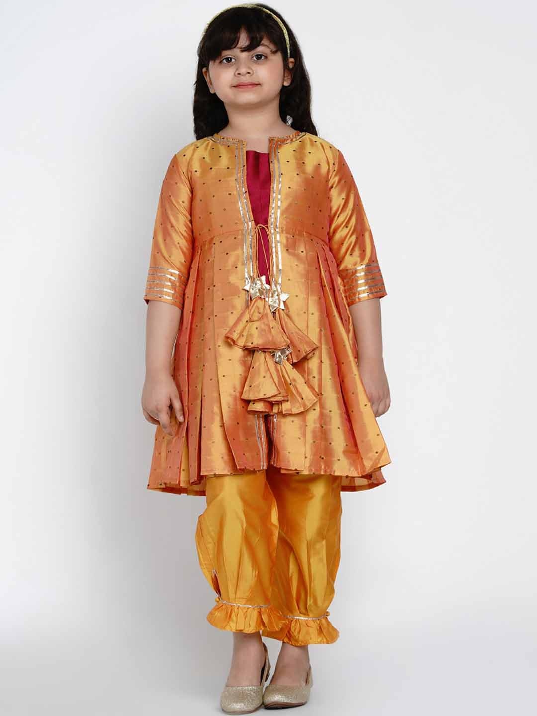 

Bitiya by Bhama Girls Maroon & Mustard Yellow Solid Kurti with Trousers & Jacket