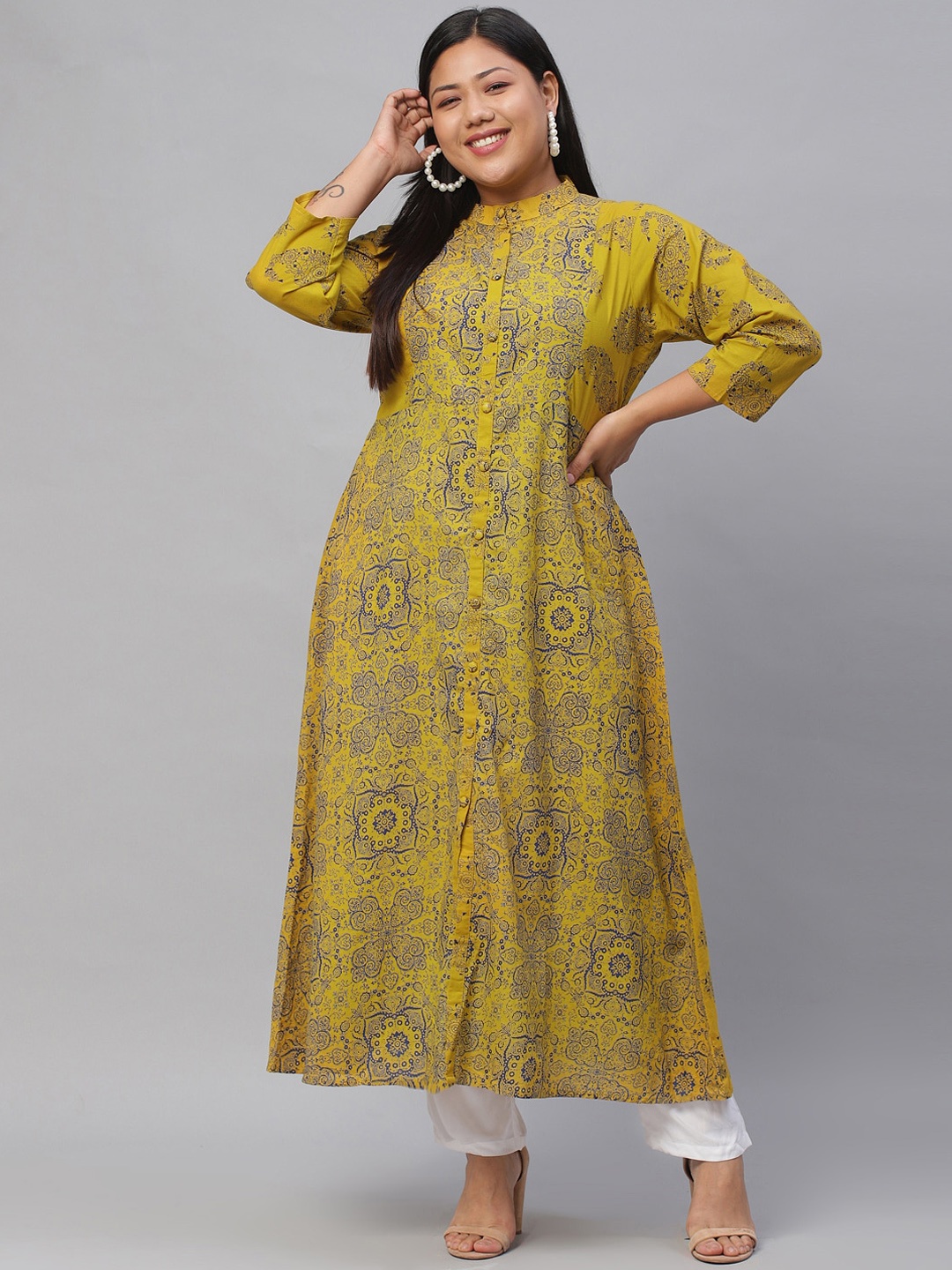 

EXTRA LOVE BY LIBAS Plus Size Women Mustard Yellow & Navy Blue Floral Printed Kurta