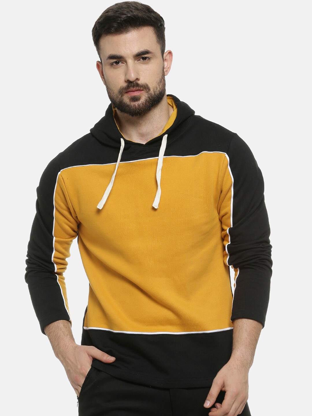 

Campus Sutra Men Black & Mustard Yellow Colourblocked Hooded Pullover Sweatshirt