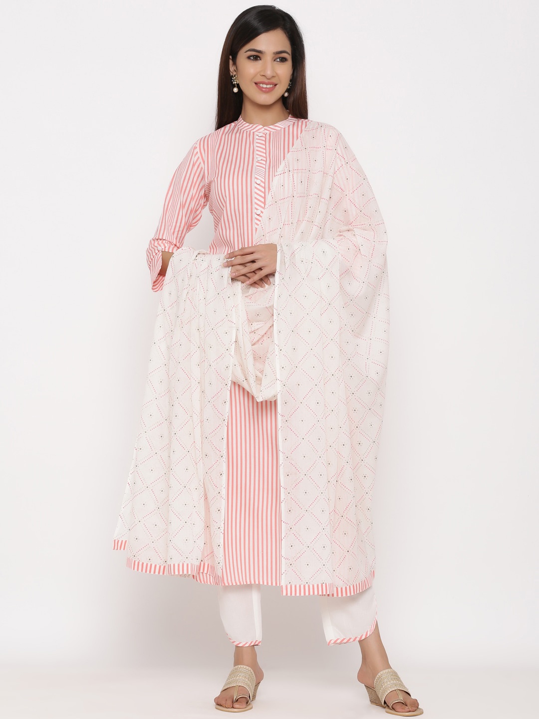 

kipek Women Peach-Coloured & Cream-Coloured Striped Kurta with Trousers & Dupatta