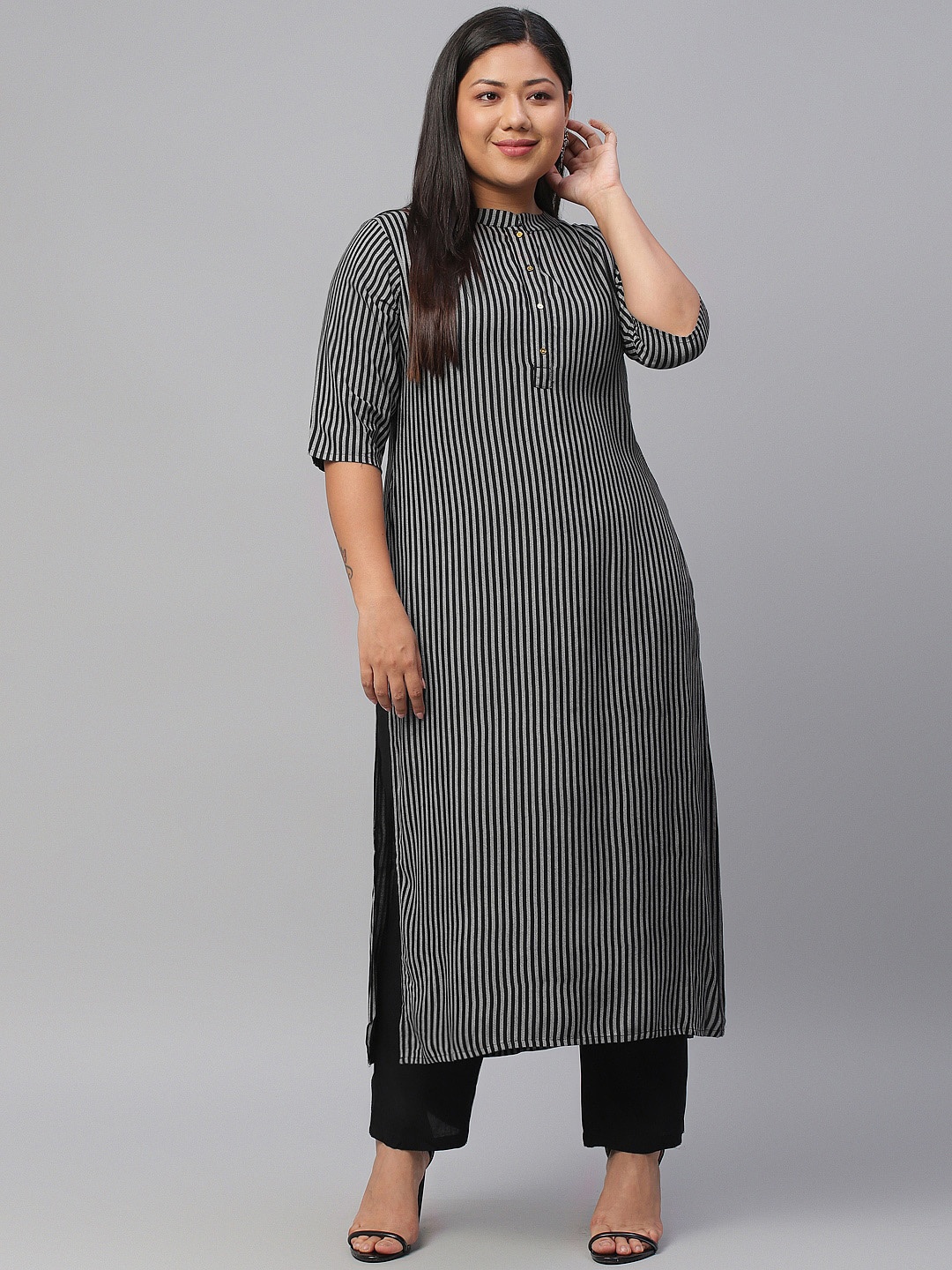 

EXTRA LOVE BY LIBAS Plus Size Women Black & White Striped Kurta