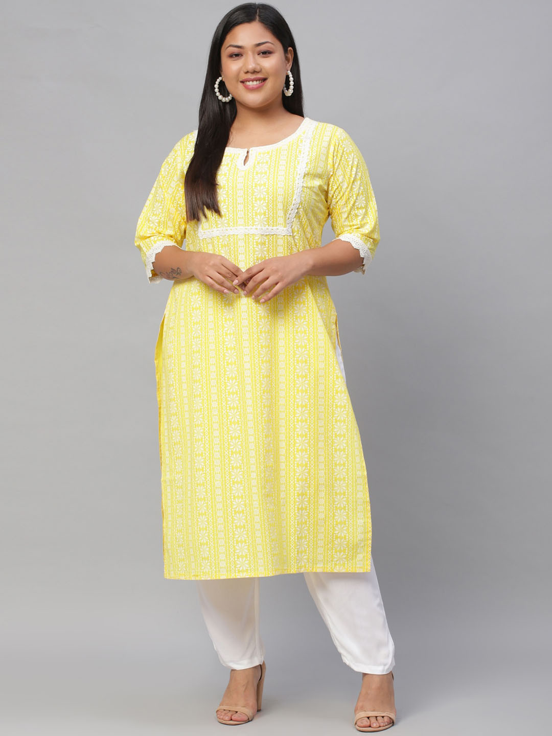 

EXTRA LOVE BY LIBAS Plus Size Women Yellow & White Floral Printed Keyhole Neck Kurta