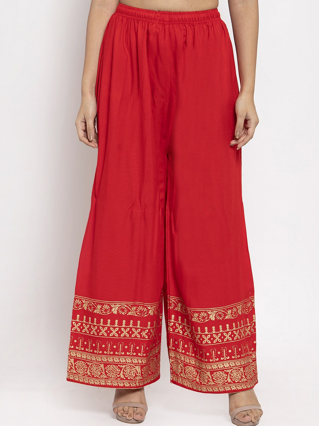

Clora Creation Women Red & Gold-Coloured Hem Design Straight Palazzos