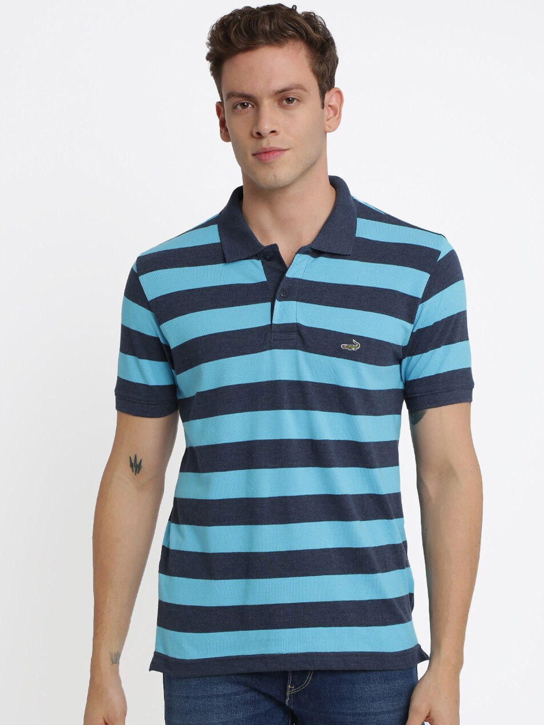 

Crocodile Men Blue Striped Polo Collar T-shirt