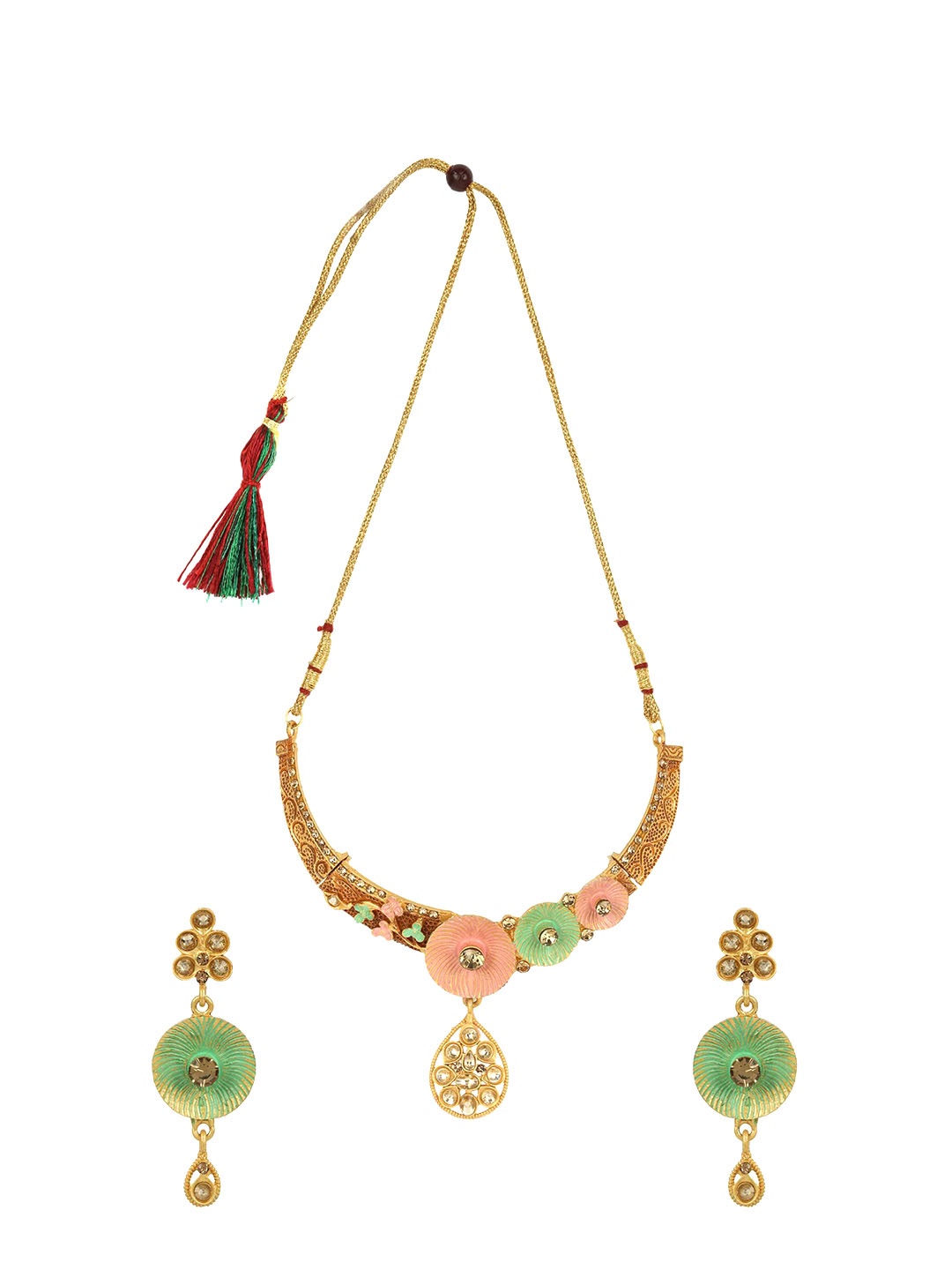 

ANIKAS CREATION Gold-Plated Orange & Green Stone-Studded Enamelled Sustainable Jewellery Set