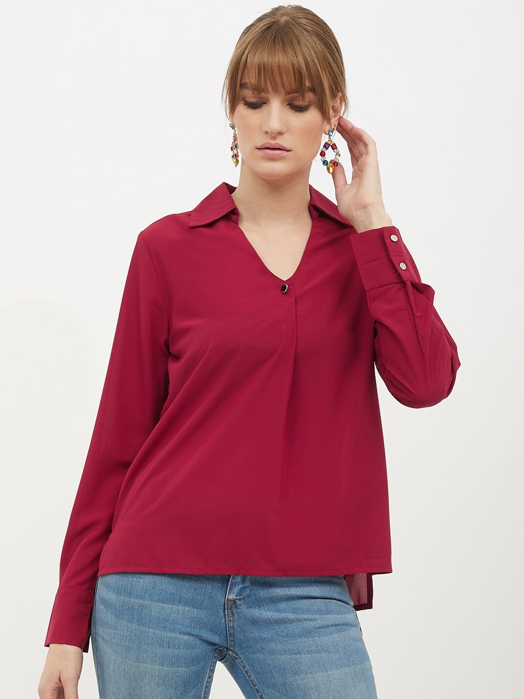 

Harpa Women Maroon Solid Shirt Style Top