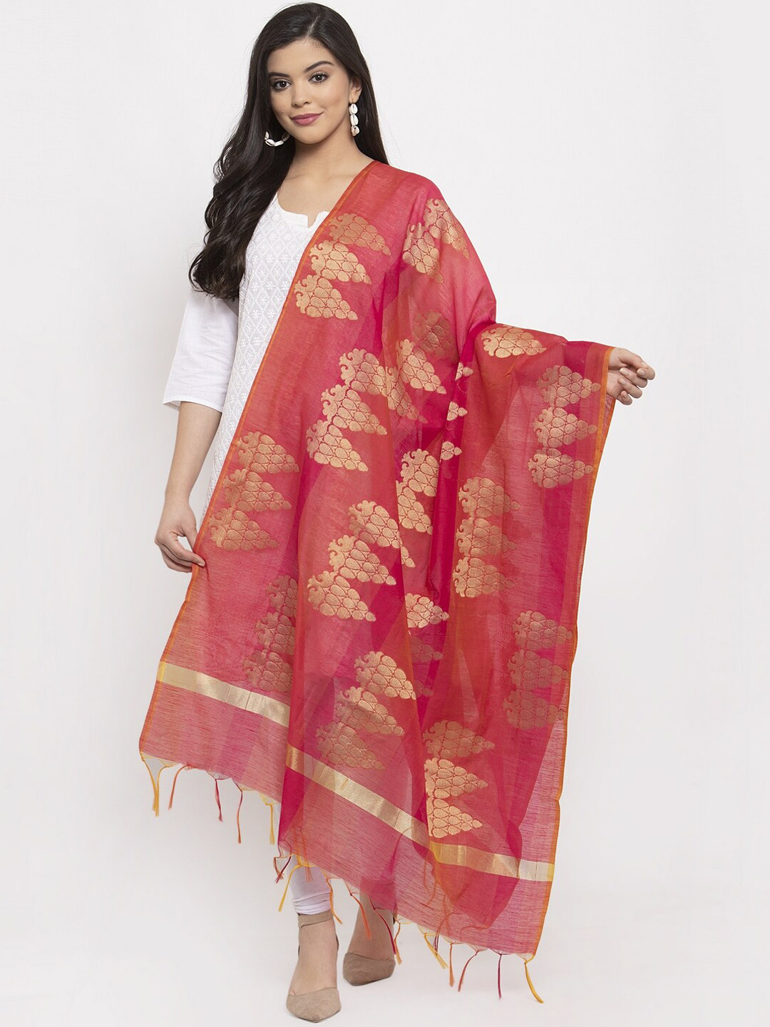 

LOOM LEGACY Red & Beige Banarsi Woven Design Dupatta