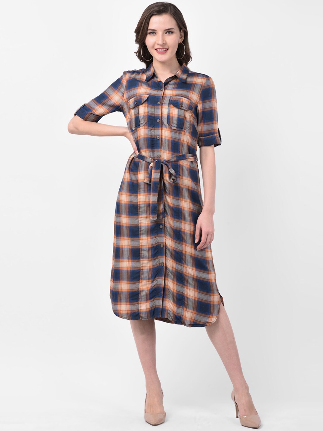 

Latin Quarters Women Navy Blue & Orange Checked Shirt Dress