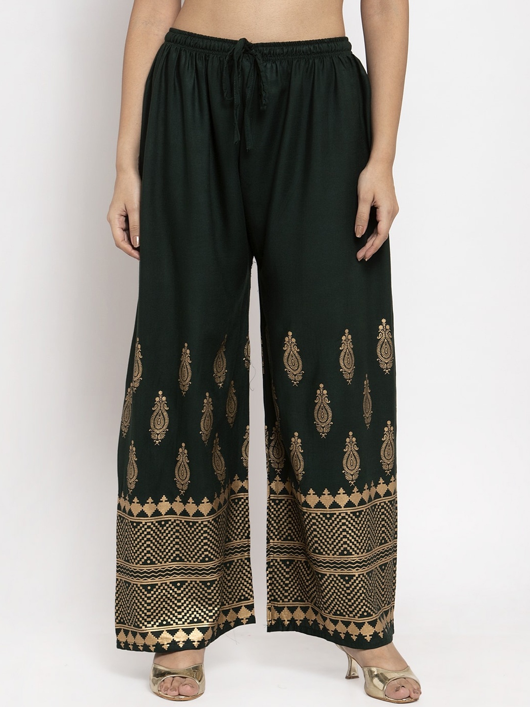 

Clora Creation Women Green & Gold-Coloured Floral Printed Straight Palazzos