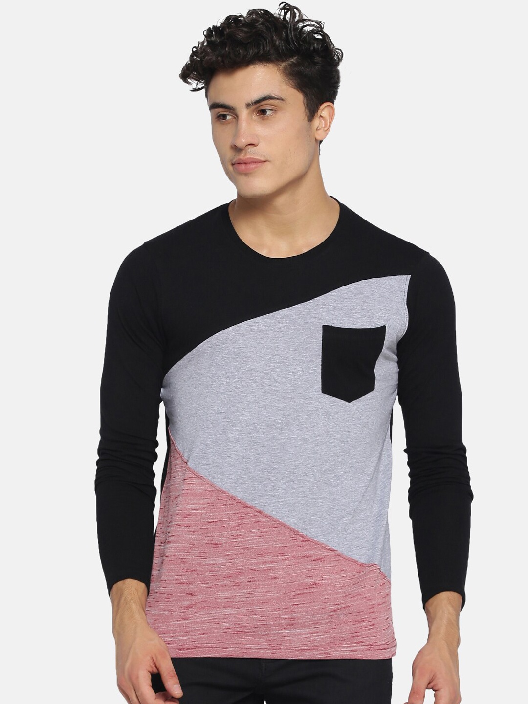 

Campus Sutra Men Black & Grey Colourblocked V-Neck T-shirt