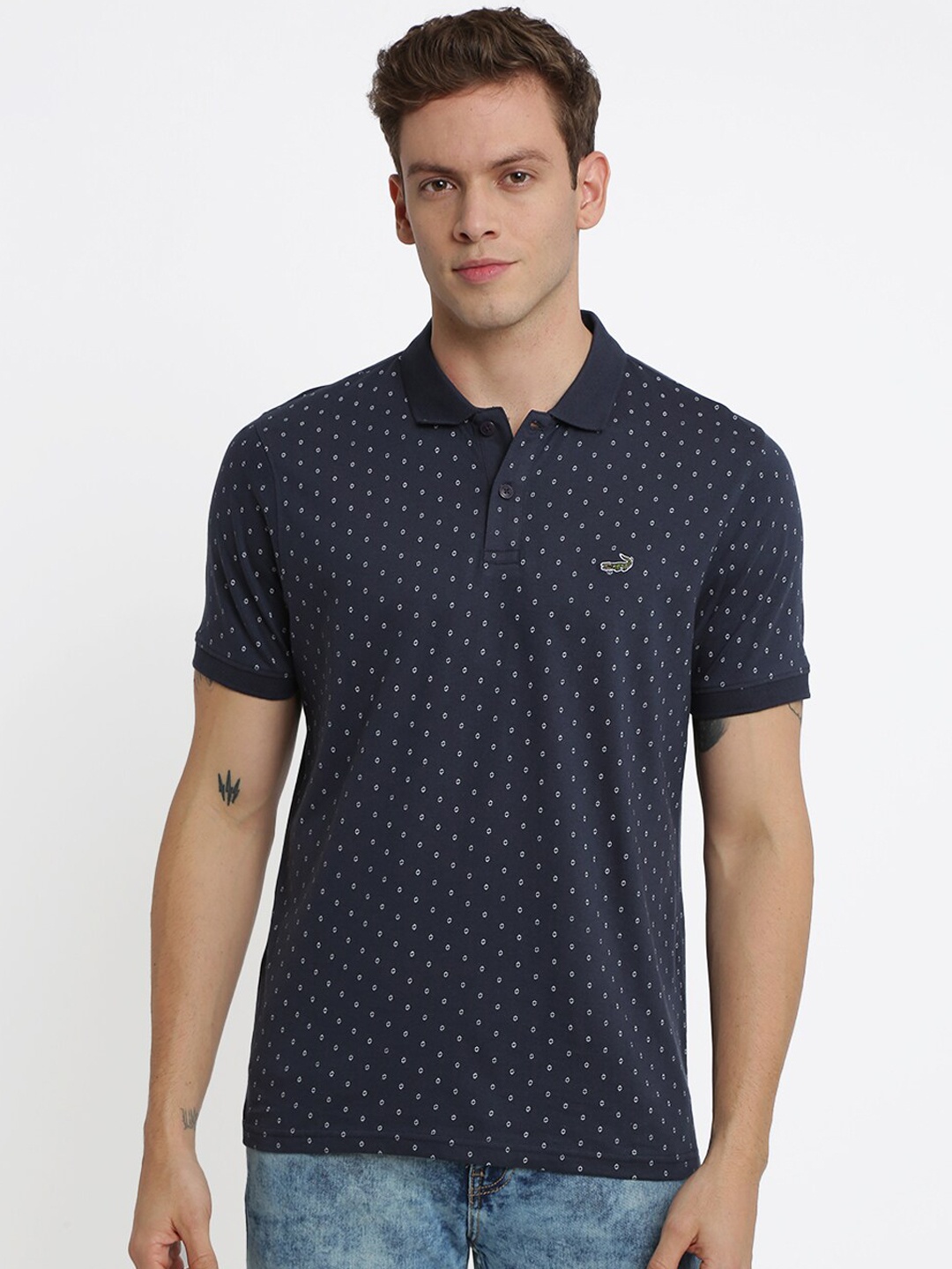 

Crocodile Men Navy Blue Printed Polo Collar T-shirt