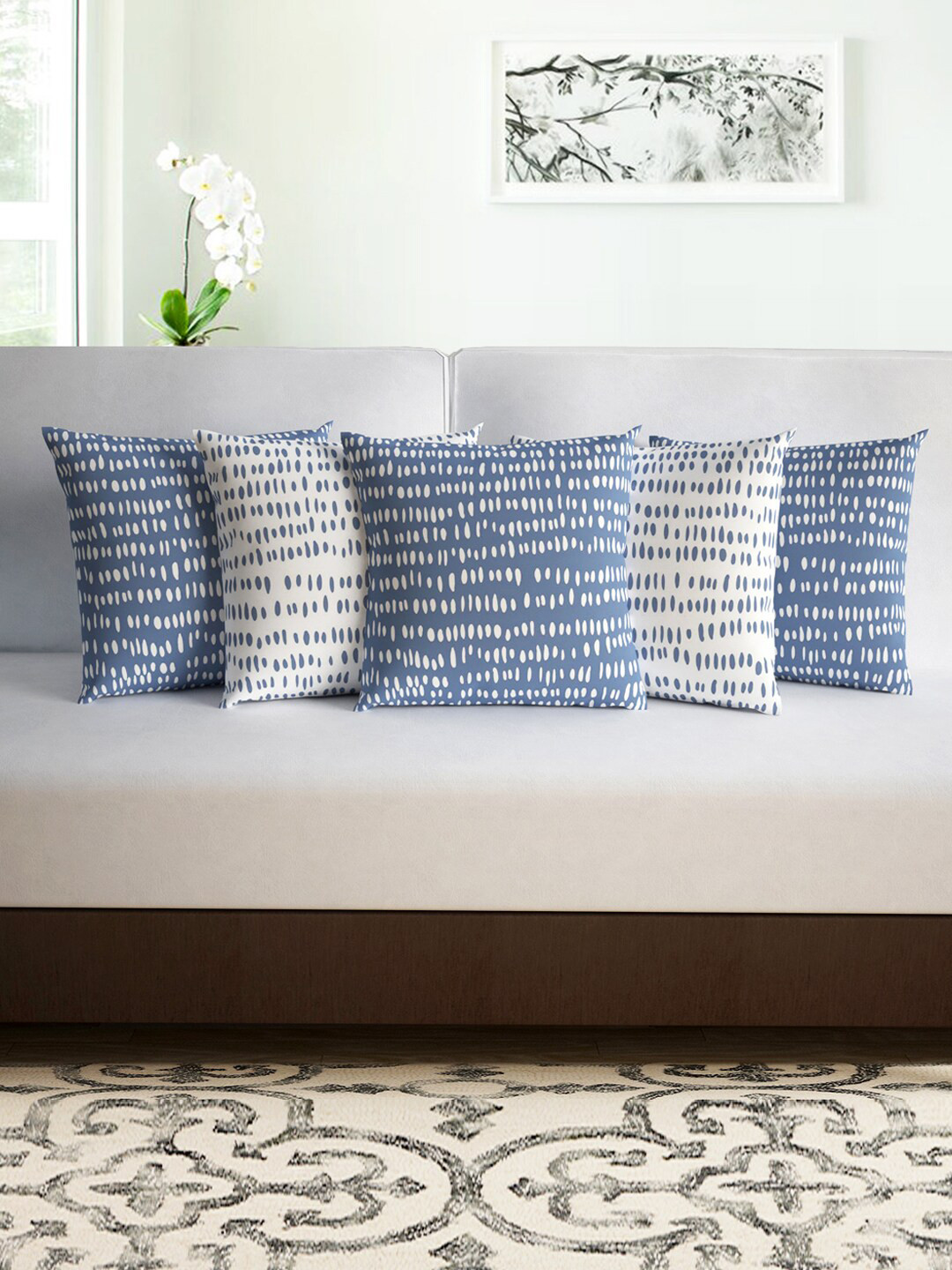 

Divine Casa Blue & White Set of 5 Abstract Square Cushion Covers