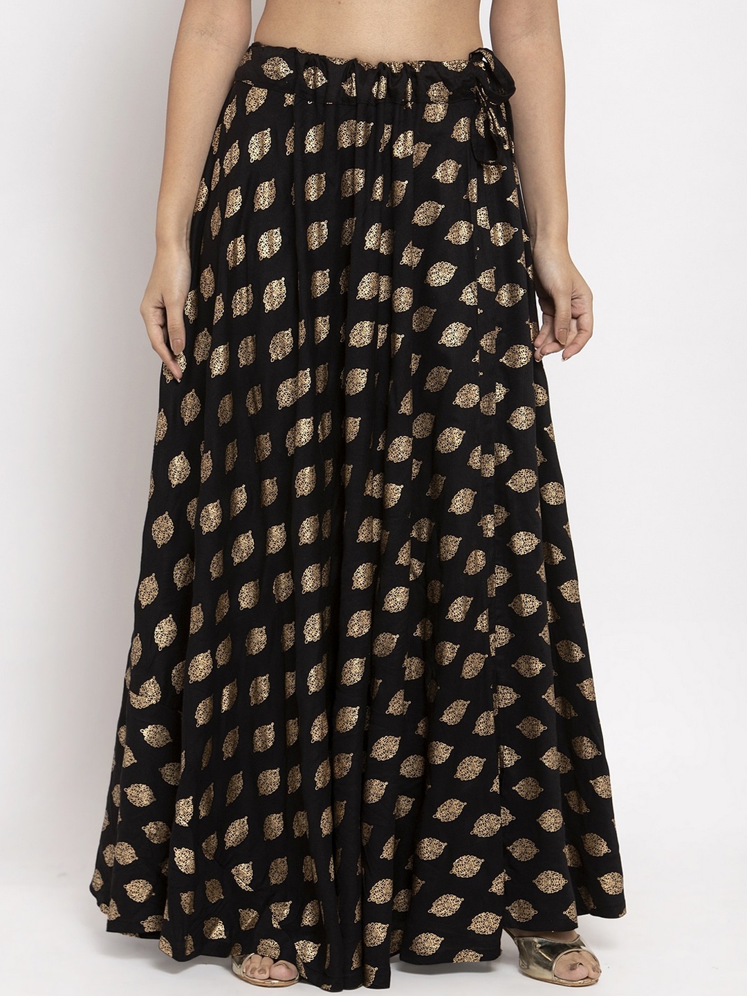

Clora Creation Black & Gold-Colour Printed Flared Maxi Skirt