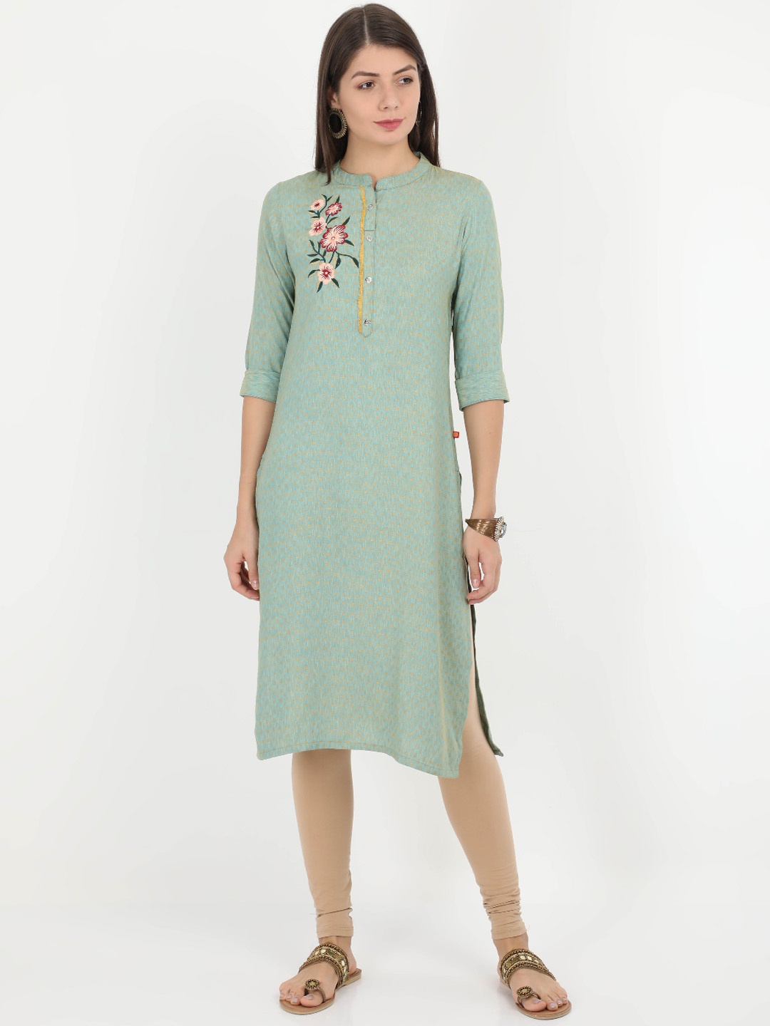 

Alena Women Green Embroidered Straight Kurta