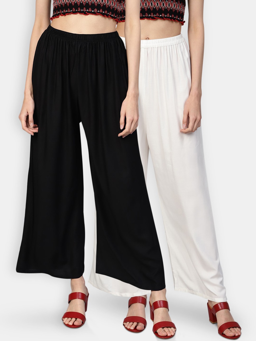 

Jompers Women Pack Of 2 Black & White Solid Wide Leg Palazzos