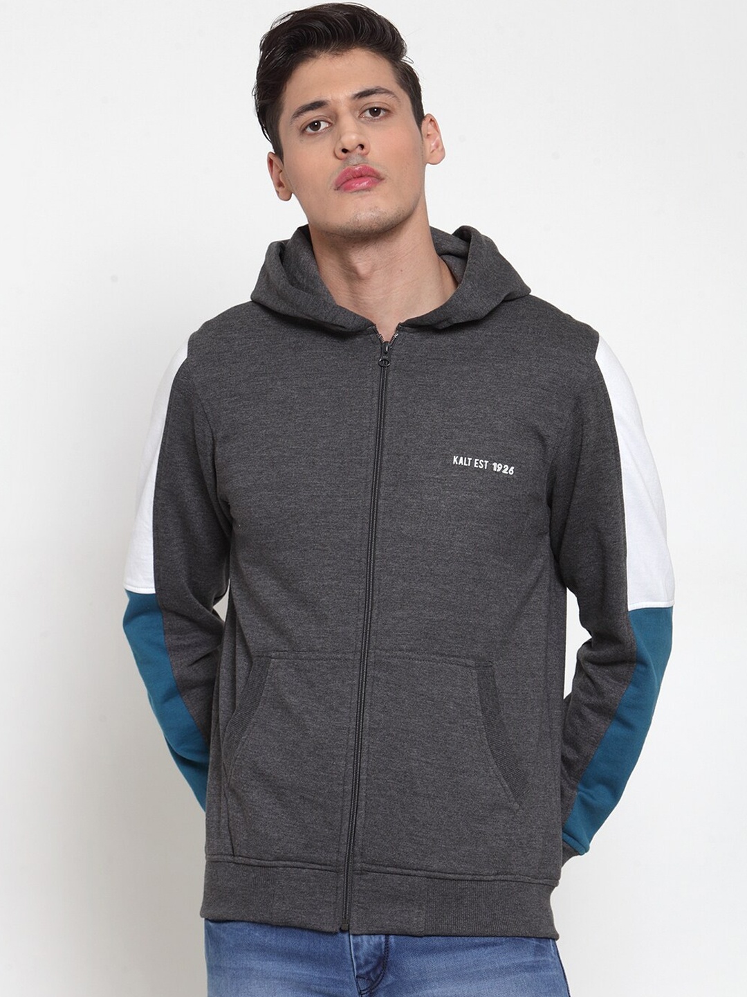 

Kalt Men Charcoal Grey & White Colourblocked Hooded Sweatshirt