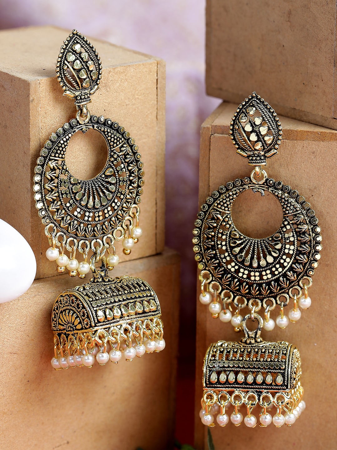 

ANIKAS CREATION Gunmetal-Toned Gold-Plated Oxidized Contemporary Jhumkas, Metallic