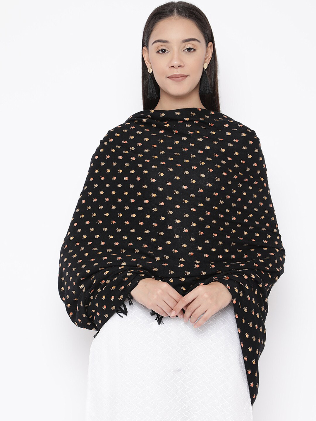 

Pashmoda Women Black & Beige Hand-Embroidered Pure Wool Shawl