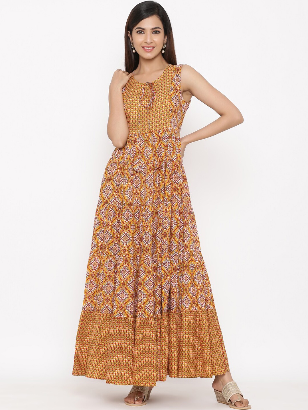 

kipek Women Mustard Yellow& Red Floral Printed Ethnic Maxi Dress