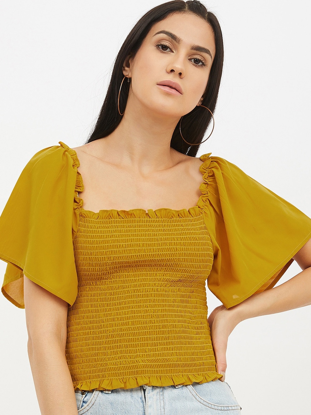 

Harpa Women Mustard Yellow Solid Smocked Top